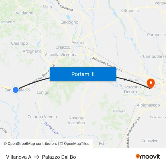 Villanova A to Palazzo Del Bo map