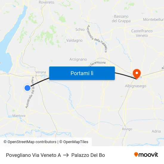 Povegliano Via Veneto A to Palazzo Del Bo map