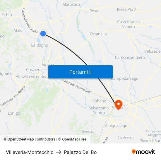 Villaverla-Montecchio to Palazzo Del Bo map