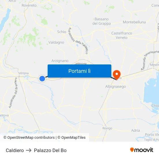 Caldiero to Palazzo Del Bo map