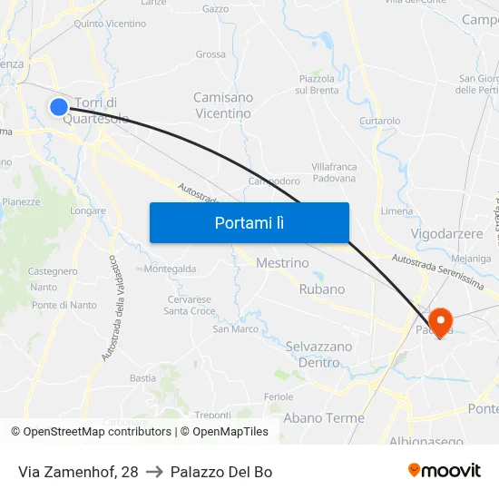 Via Zamenhof, 28 to Palazzo Del Bo map