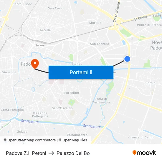Padova Z.I. Peroni to Palazzo Del Bo map