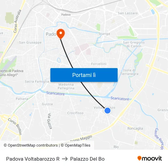 Padova Voltabarozzo R to Palazzo Del Bo map