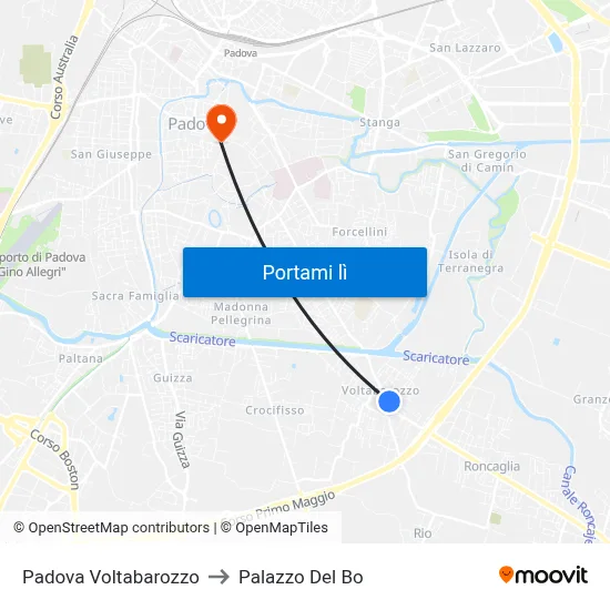 Padova Voltabarozzo to Palazzo Del Bo map