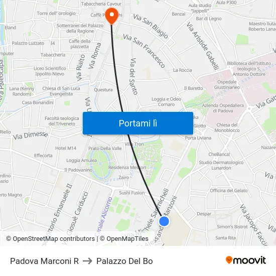 Padova Marconi R to Palazzo Del Bo map