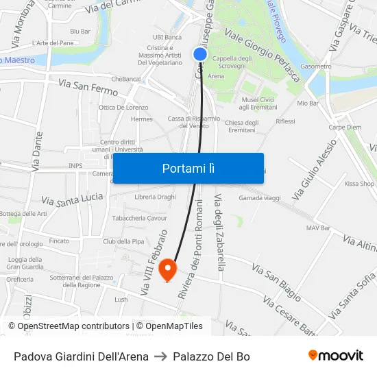 Padova Giardini Dell'Arena to Palazzo Del Bo map