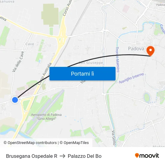 Brusegana Ospedale R to Palazzo Del Bo map