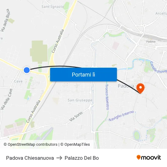 Padova Chiesanuova to Palazzo Del Bo map