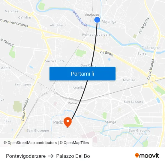 Pontevigodarzere to Palazzo Del Bo map