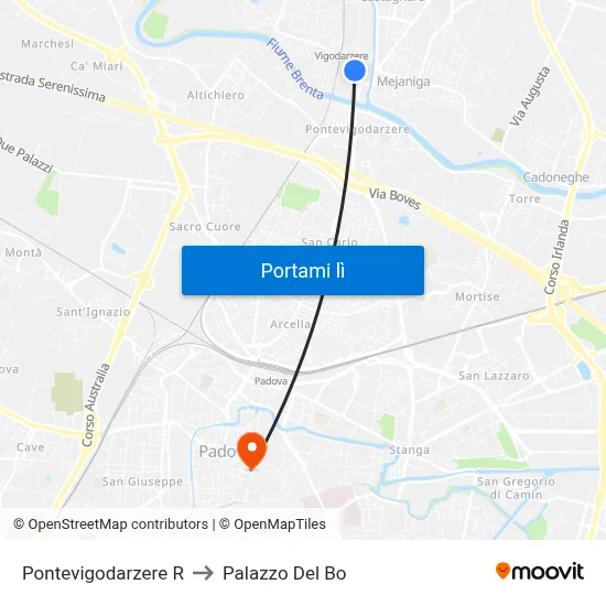 Pontevigodarzere R to Palazzo Del Bo map