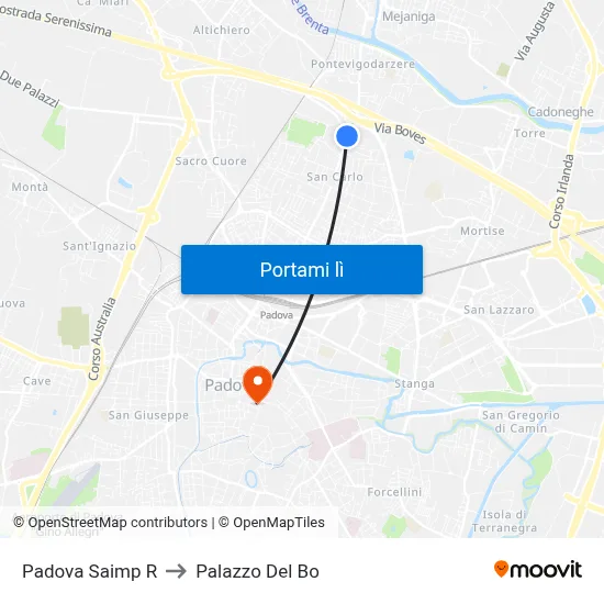 Padova Saimp R to Palazzo Del Bo map