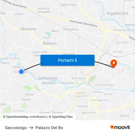 Saccolongo to Palazzo Del Bo map