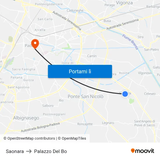 Saonara to Palazzo Del Bo map