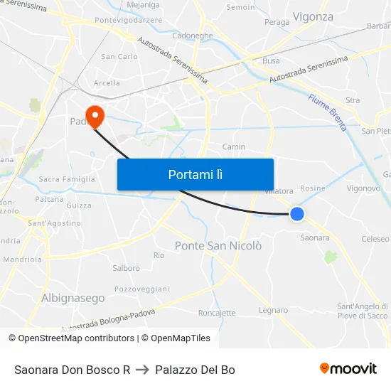 Saonara Don Bosco R to Palazzo Del Bo map
