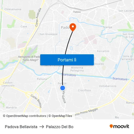 Padova Bellavista to Palazzo Del Bo map