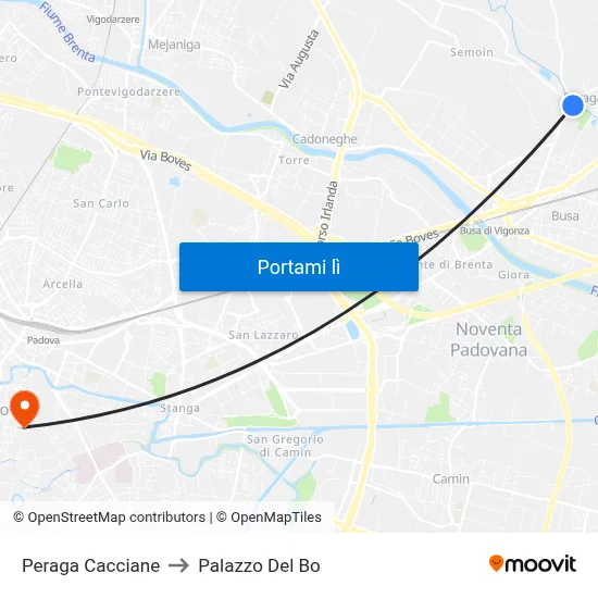 Peraga Cacciane to Palazzo Del Bo map
