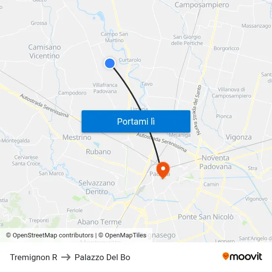 Tremignon R to Palazzo Del Bo map