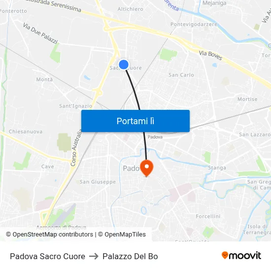 Padova Sacro Cuore to Palazzo Del Bo map