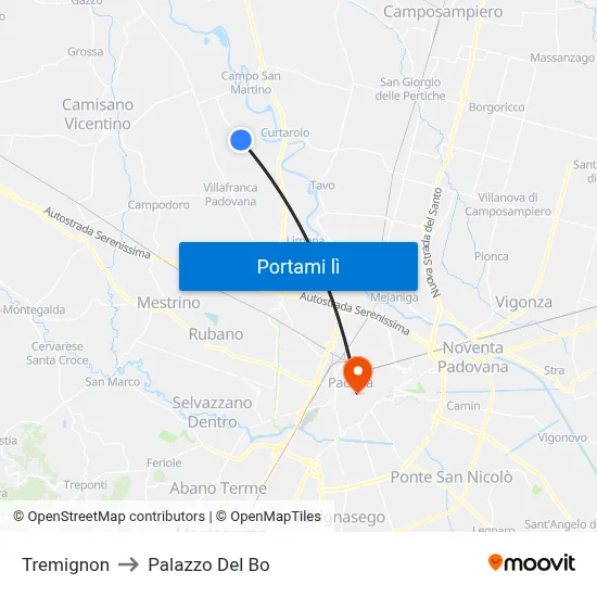 Tremignon to Palazzo Del Bo map