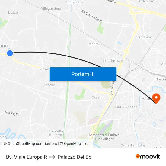 Bv. Viale Europa R to Palazzo Del Bo map