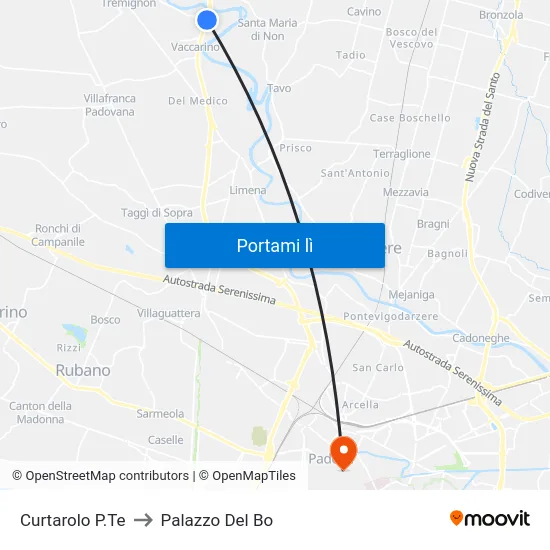 Curtarolo P.Te to Palazzo Del Bo map