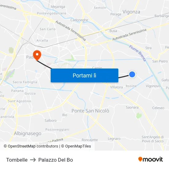 Tombelle to Palazzo Del Bo map