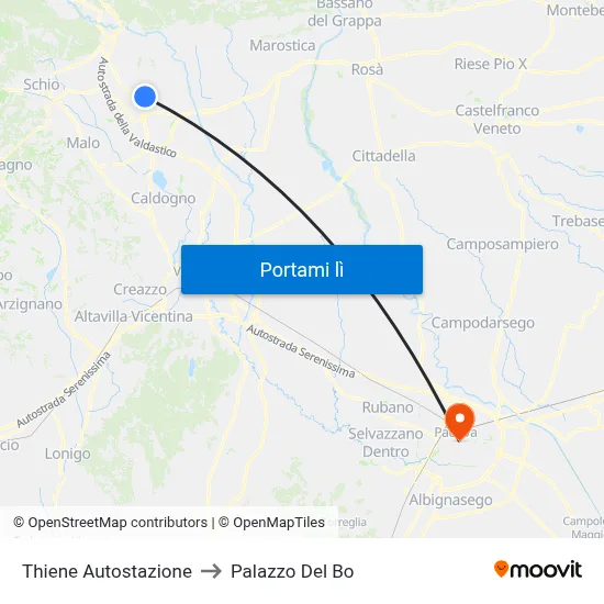 Thiene Autostazione to Palazzo Del Bo map
