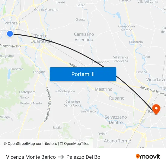 Vicenza Monte Berico to Palazzo Del Bo map
