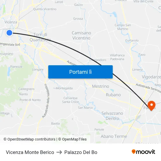 Vicenza Monte Berico to Palazzo Del Bo map