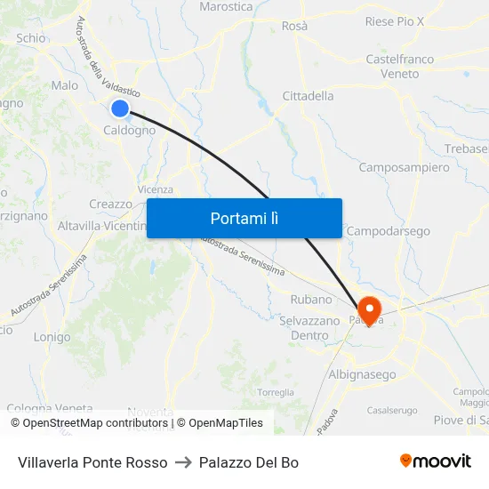 Villaverla Ponte Rosso to Palazzo Del Bo map