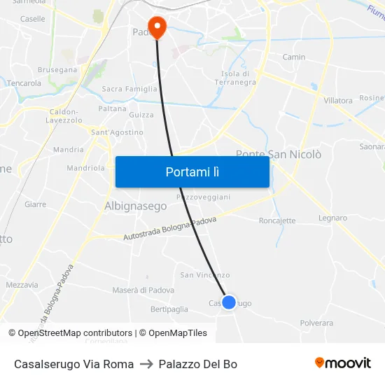 Casalserugo Via Roma to Palazzo Del Bo map