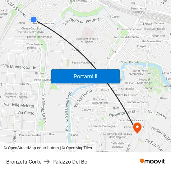Bronzetti Corte to Palazzo Del Bo map