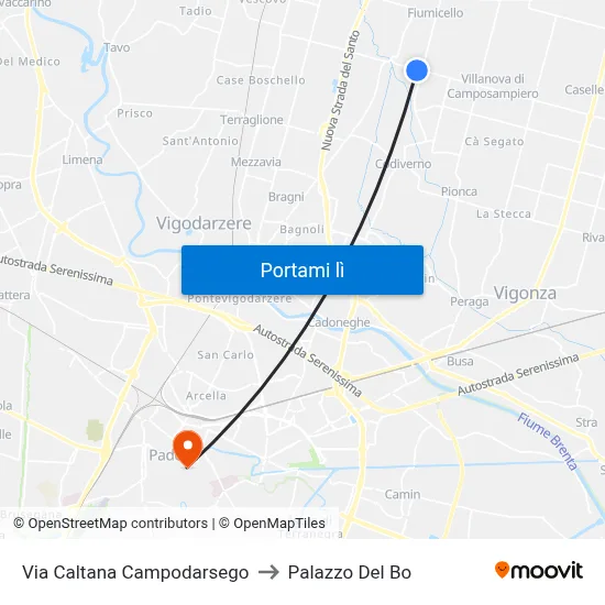 Via Caltana Campodarsego to Palazzo Del Bo map