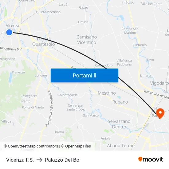 Vicenza F.S. to Palazzo Del Bo map