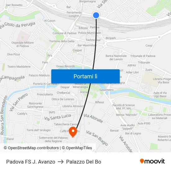 Padova FS J. Avanzo to Palazzo Del Bo map