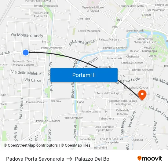 Padova Porta Savonarola to Palazzo Del Bo map