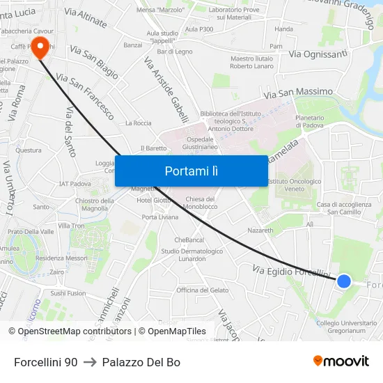 Forcellini 90 to Palazzo Del Bo map