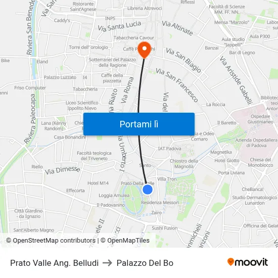 Prato Valle Ang. Belludi to Palazzo Del Bo map