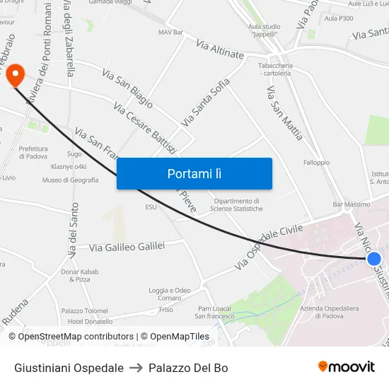 Giustiniani Ospedale to Palazzo Del Bo map