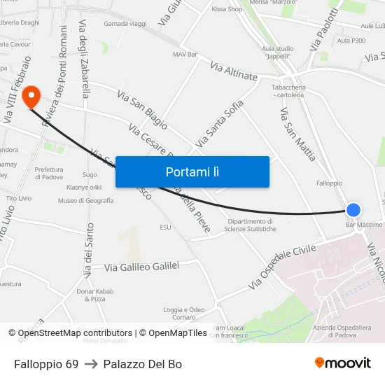 Falloppio 69 to Palazzo Del Bo map
