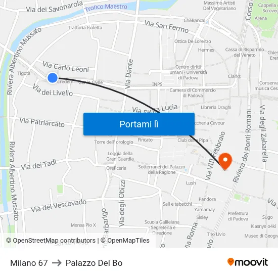 Milano 67 to Palazzo Del Bo map