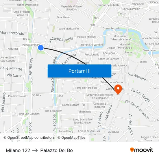 Milano 122 to Palazzo Del Bo map