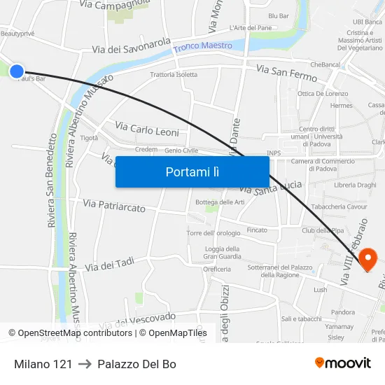 Milano 121 to Palazzo Del Bo map
