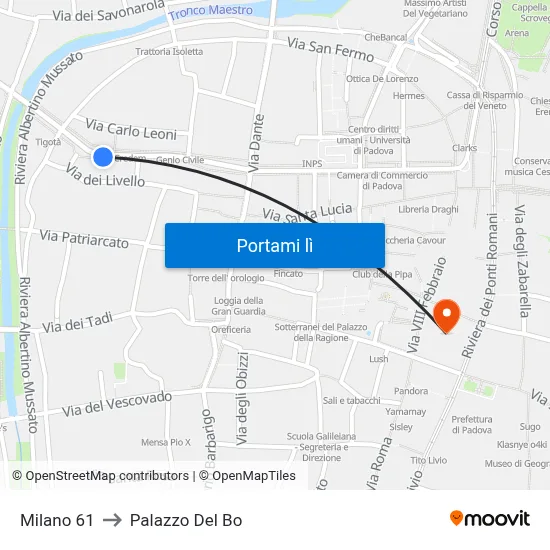 Milano 61 to Palazzo Del Bo map