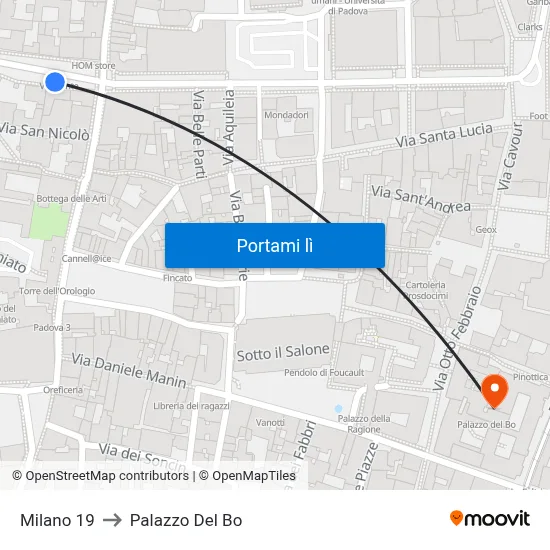 Milano 19 to Palazzo Del Bo map