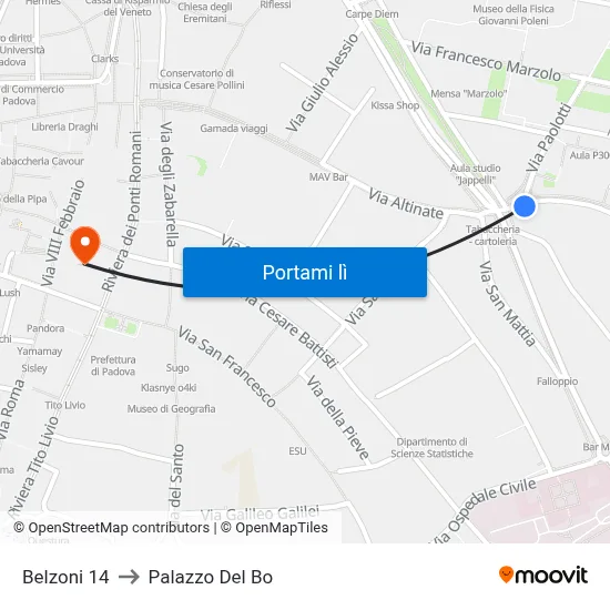 Belzoni 14 to Palazzo Del Bo map