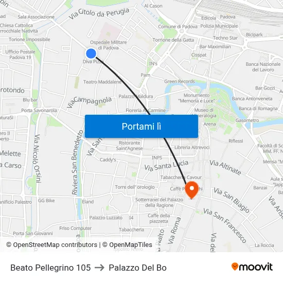 Beato Pellegrino 105 to Palazzo Del Bo map
