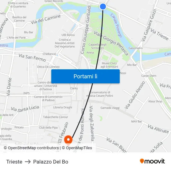 Trieste to Palazzo Del Bo map