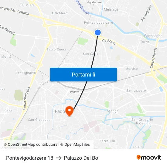 Pontevigodarzere 18 to Palazzo Del Bo map