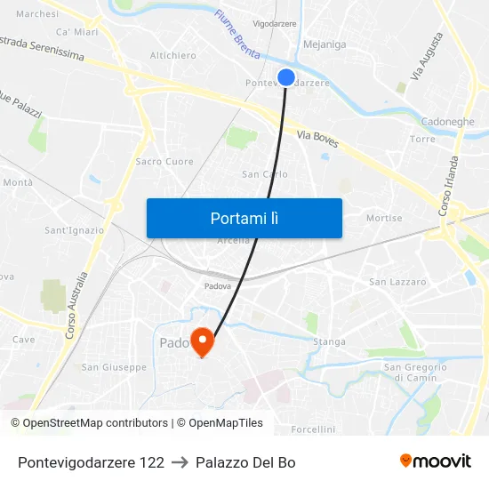 Pontevigodarzere 122 to Palazzo Del Bo map